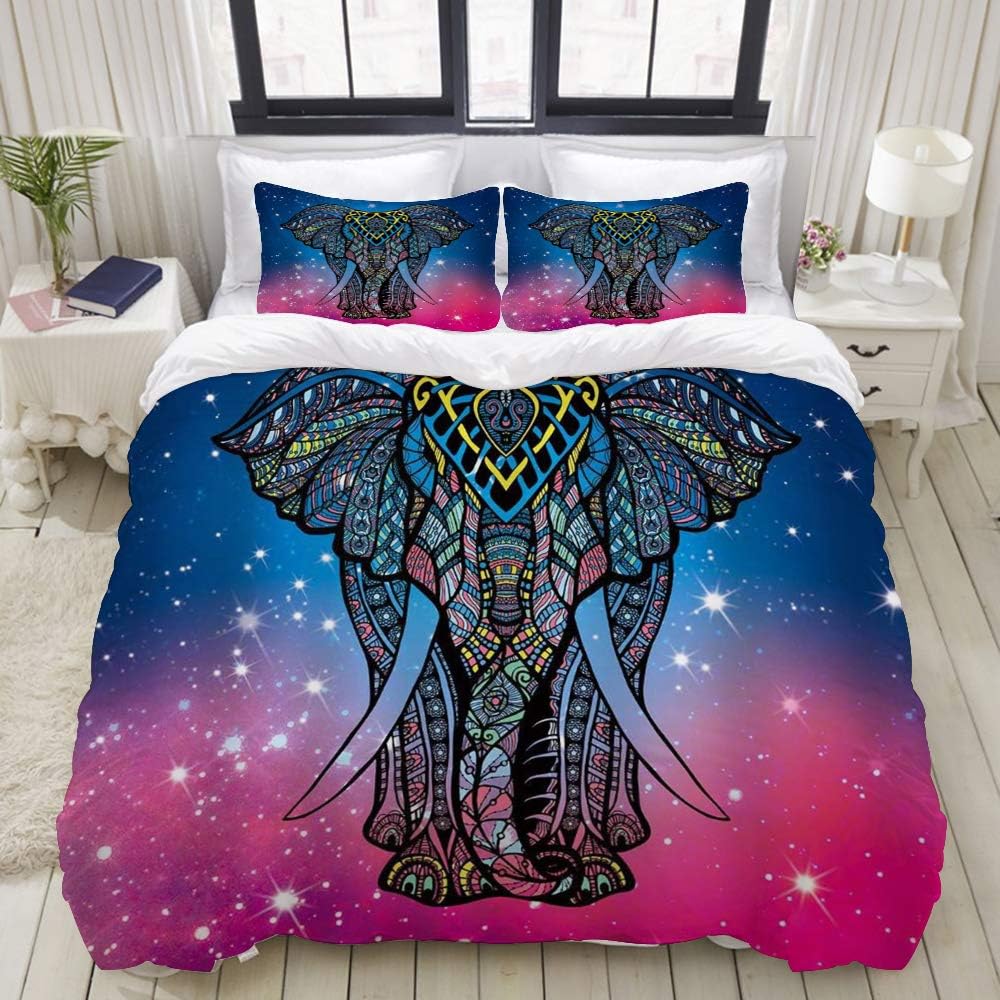 CONICIXI Easy Care 3 Pieces Duvet Cover Set & 2 Pillow Shams,Mandala Elephant Asian Oriental Motifs Blue Purple Sky Stars Galaxy Animal Colors,Stylish Luxury Quality Microfiber Quilt Cover 88" 88"