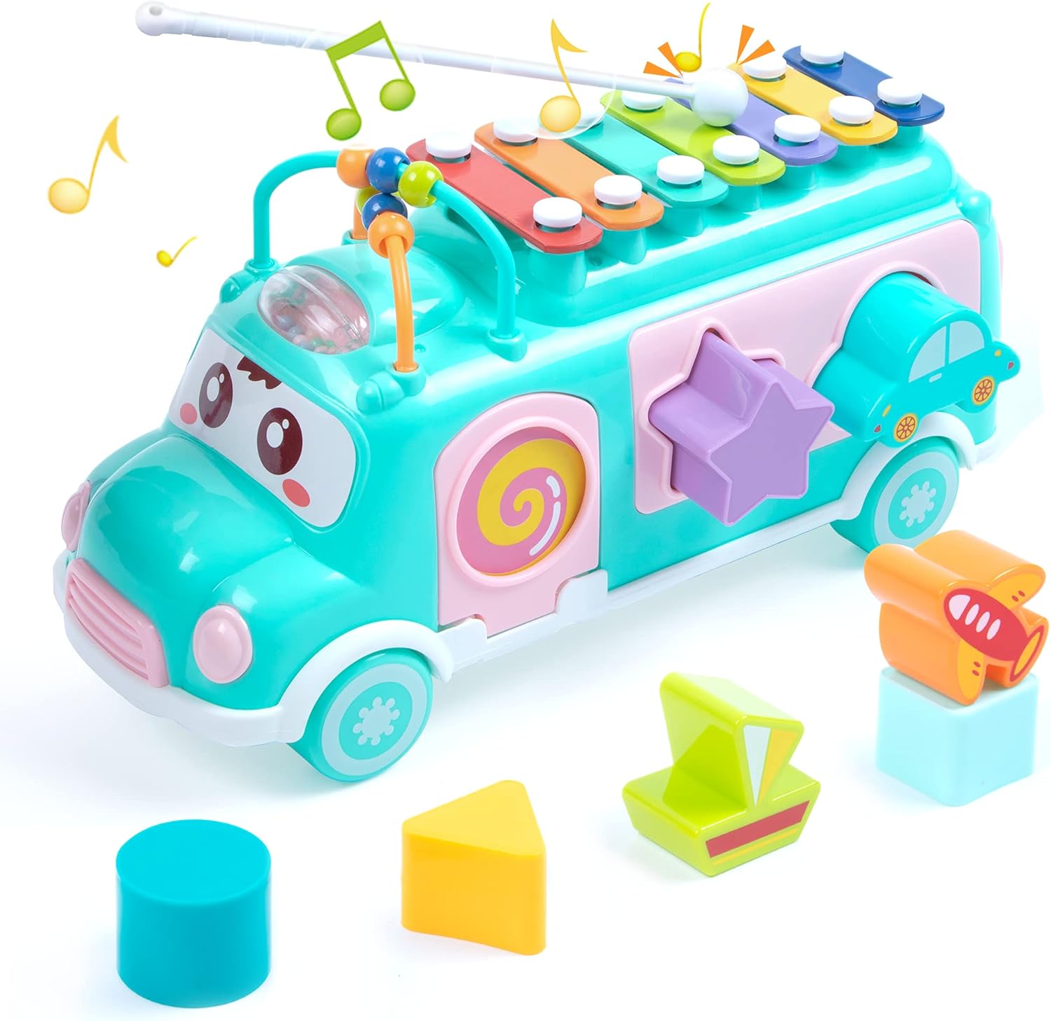 UNIH School Bus Toy, Push Infant Toy Xylophone Percussion with Safe Mallets, Learning Educational Musical Toys for Baby, Baby Toys for 1-3 Boys Girls Early Educational Toys
