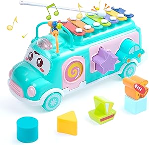 UNIH School Bus Toy, Push Infant Toy Xylophone Percussion with Safe Mallets, Learning Educational Musical Toys for Baby, Baby Toys for 1-3 Boys Girls Early Educational Toys