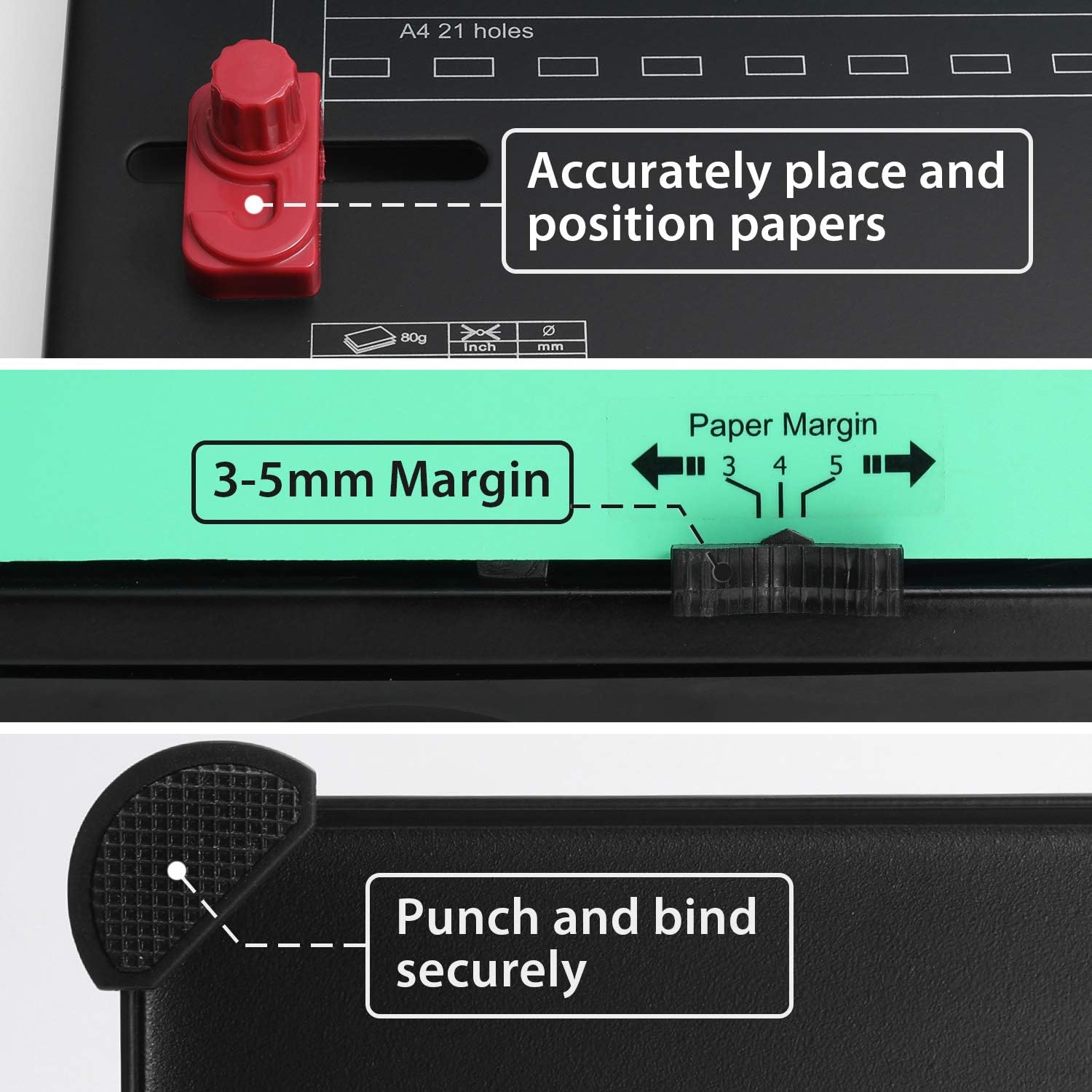 OFFNOVA 21-Hole 450 Sheets Paper Comb Punch Binder, Binding Machine for Letter Size / A4 / A5, Easy to Punch Handle, Adjustable Margin : Office Products