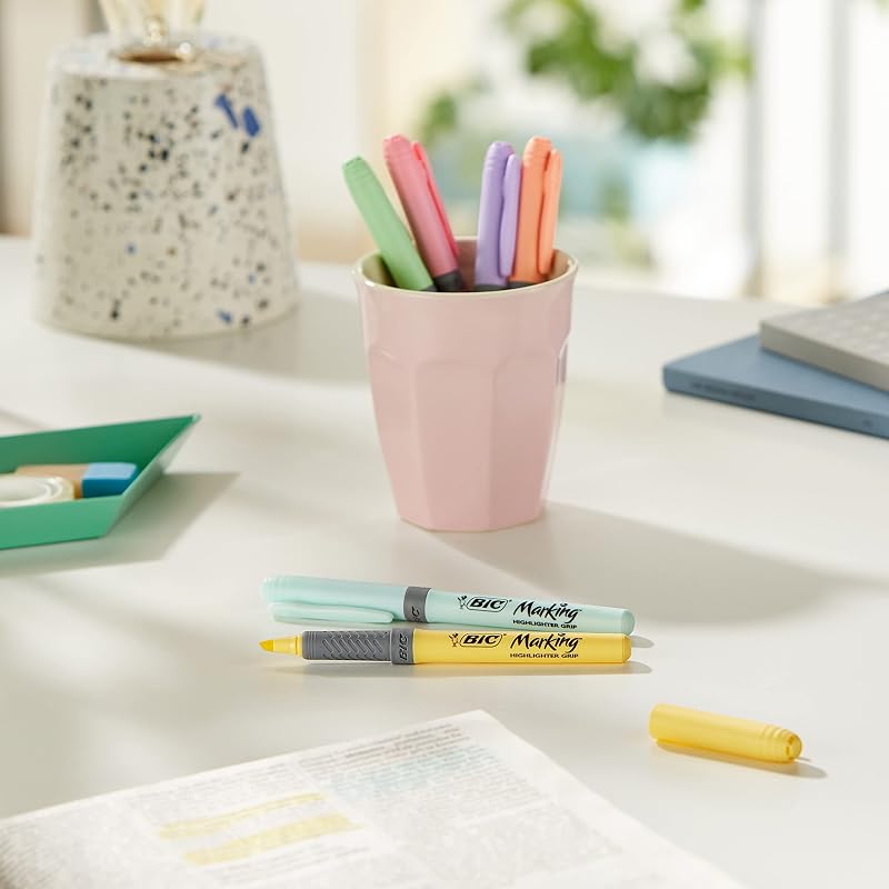 Marcadores de ponta de cinzel ajustável pastel grip bic - cores sortidas, pacote com 6 marcadores pastel, ideal para material escolar e de escritório