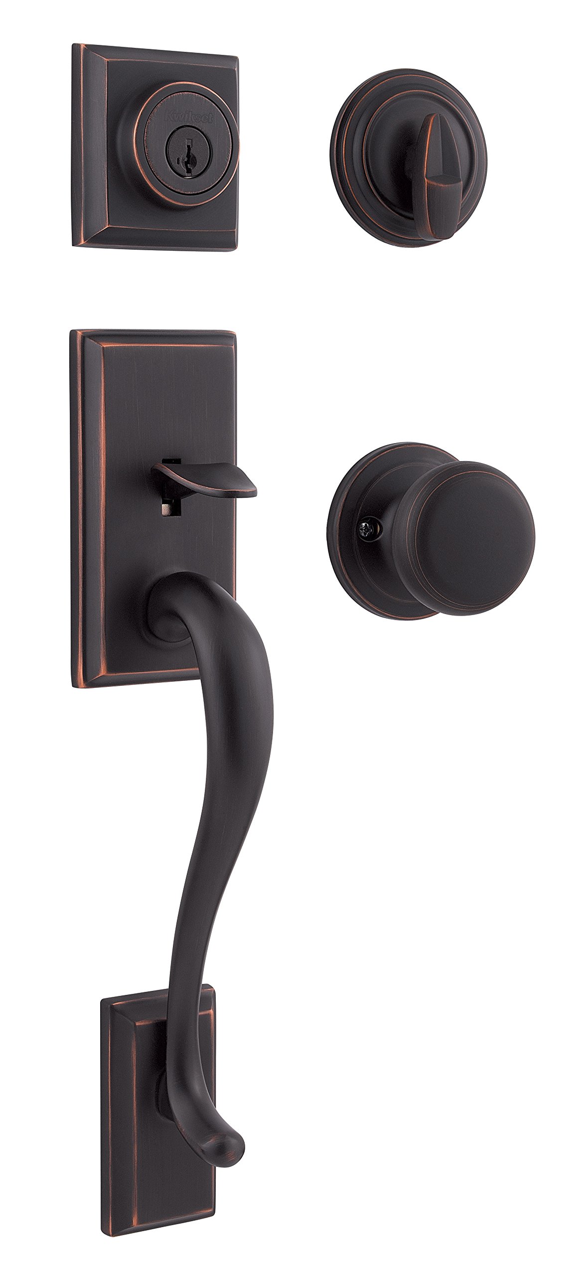 Photo 1 of **HAS DENTS / UNKNOWN MISSING ASSEMBLY PIECES** Kwikset Hawthorne Front Door Lock Handle and Deadbolt Set, Entry Handleset Exterior with Interior Door Knob, Venetian Bronze, Pick Resistant SmartKey Rekey Deadbolt Security, with Microban Protection