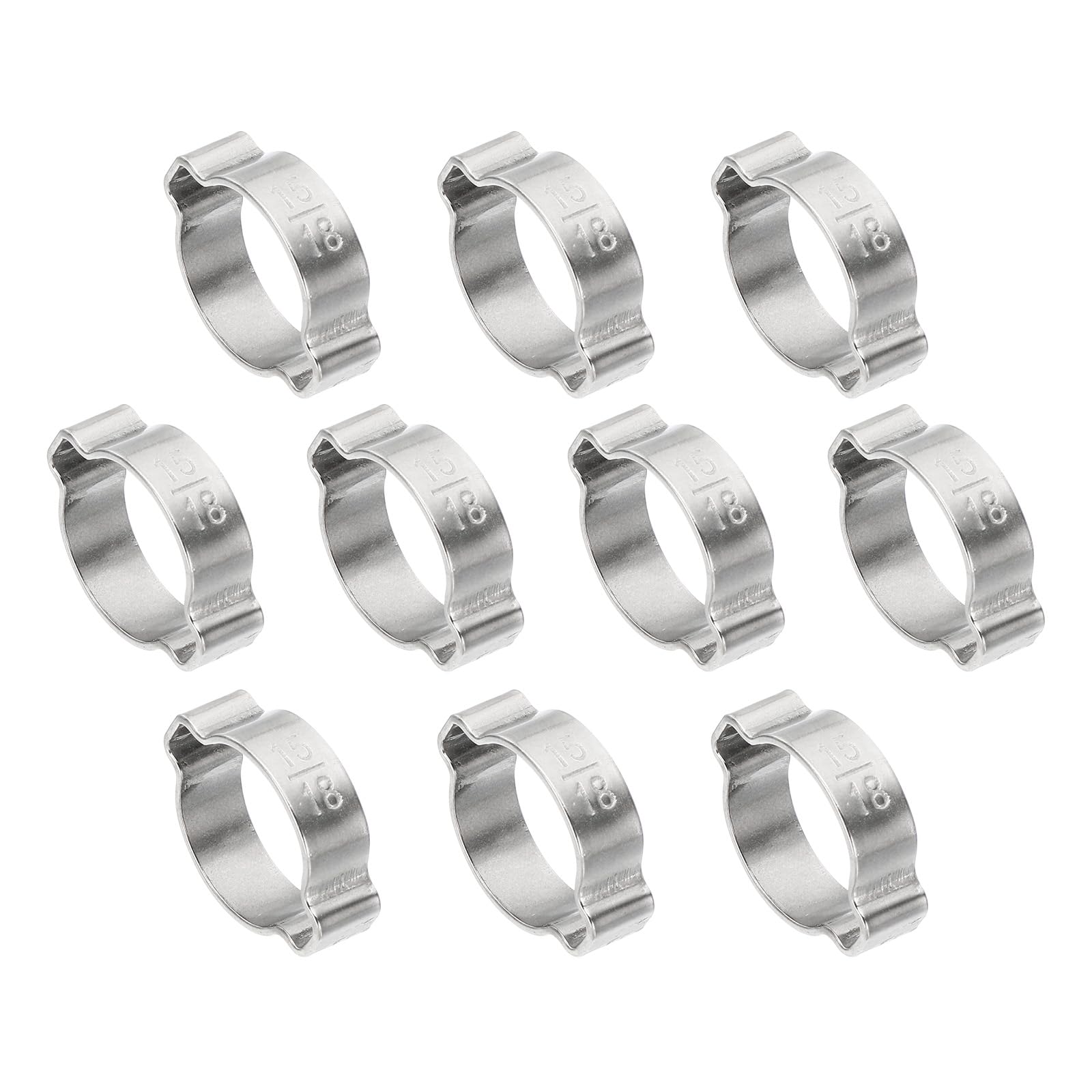 PATIKIL 10 Pack 15-18mm Double Ear Hose Clamp, 304 Stainless Steel O Clip Crimp Rings for Fuel Petrol Pipe Tube Fitting Connections, Silver Tone