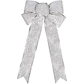 WRBAJIS Christmas Bows Glitter Ribbon Bows Silver Bowknot 16’’x7’’ Big Christmas Bows Decor for Christmas Tree Topper Home Front Door Outdoor Xmas New Year Party Supplies