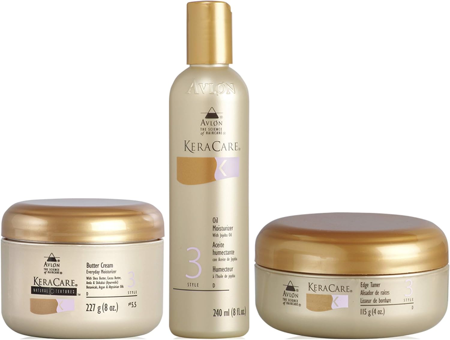 Avlon Keracare Natural Textures Butter Cream 227g, Oil Moisturizer with Jojoba Oil 240ml & Edge Tamer 115g