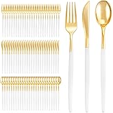 I00000 300 Pcs Gold Plastic Silverware - Gold Disposable Silverware - Premium White Cutlery Set Include 100 Forks 100 Knives 100 Spoons,Plastic Cutlery Party Set for Party & Wedding