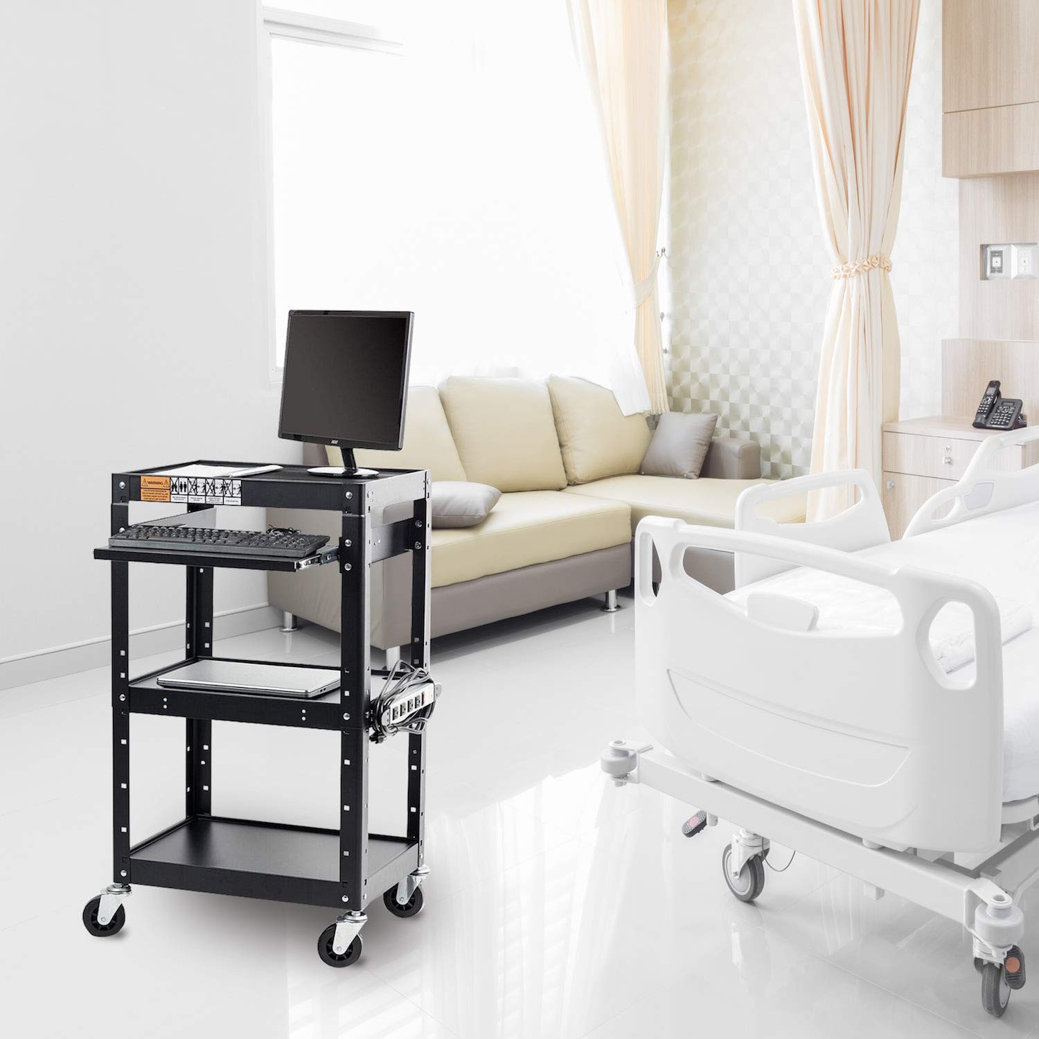 Pearington AV and Presentation Cart Stand for Video Projector, TV, Laptop Computers, Printers-Metal Construction Rolling Storage Cart with Adjustable Shelves and 4 wheels;4 outlets and 12” cord, Black: Industrial & Scientific