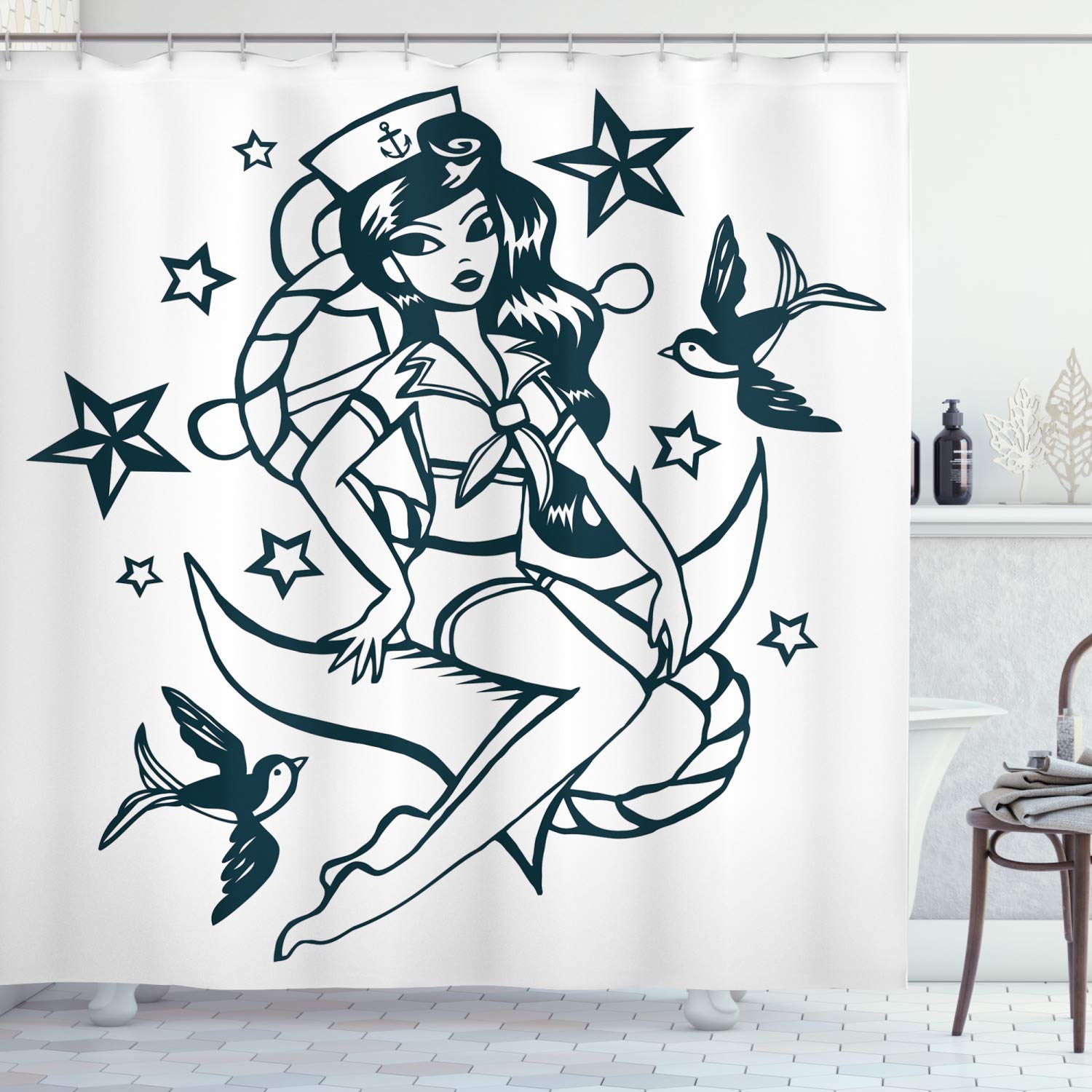 ABAKUHAUS Anchor Shower Curtain, Pin-up Girl Nautical Sailor Suit Surrounded by Swallow Birds Stars Hand Drawn, Cloth Fabric Bathroom Decor Set with Hooks, 70 Inches, Teal and White — image 1