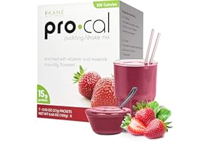 R-Kane Nutritionals Pro-Cal Pudding/Shake Mix, Low Calorie Protein Shake Powder, Meal Replacement Shakes, Strawberry-Flavored Boost Drink, Kosher, 15g Protein, 7 Packets per Box