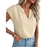 Funlingo Women's Cap Sleeve V Neck Tops Dressy Casual V Neck Shirts Summer Loose Work Blouses for Business Office