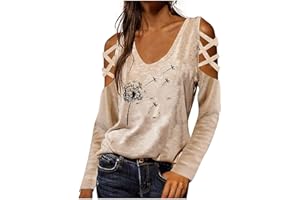 Wirziis Womens Dandelion Print Blouses Tops Casual Cold Shoulder Crosscriss Long Sleeve Loose Fit Girls Teens Tee Shirts