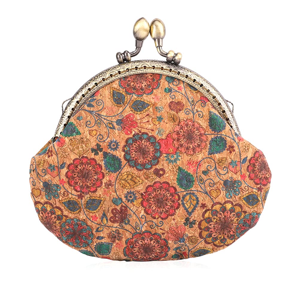 Oyachic Floral Buckle Coin Purses Vintage Pouch Kiss-Lock Change Purse Wallets PU Wood Grain Key Holder Coin Bag Make Up Bag (Safflower)
