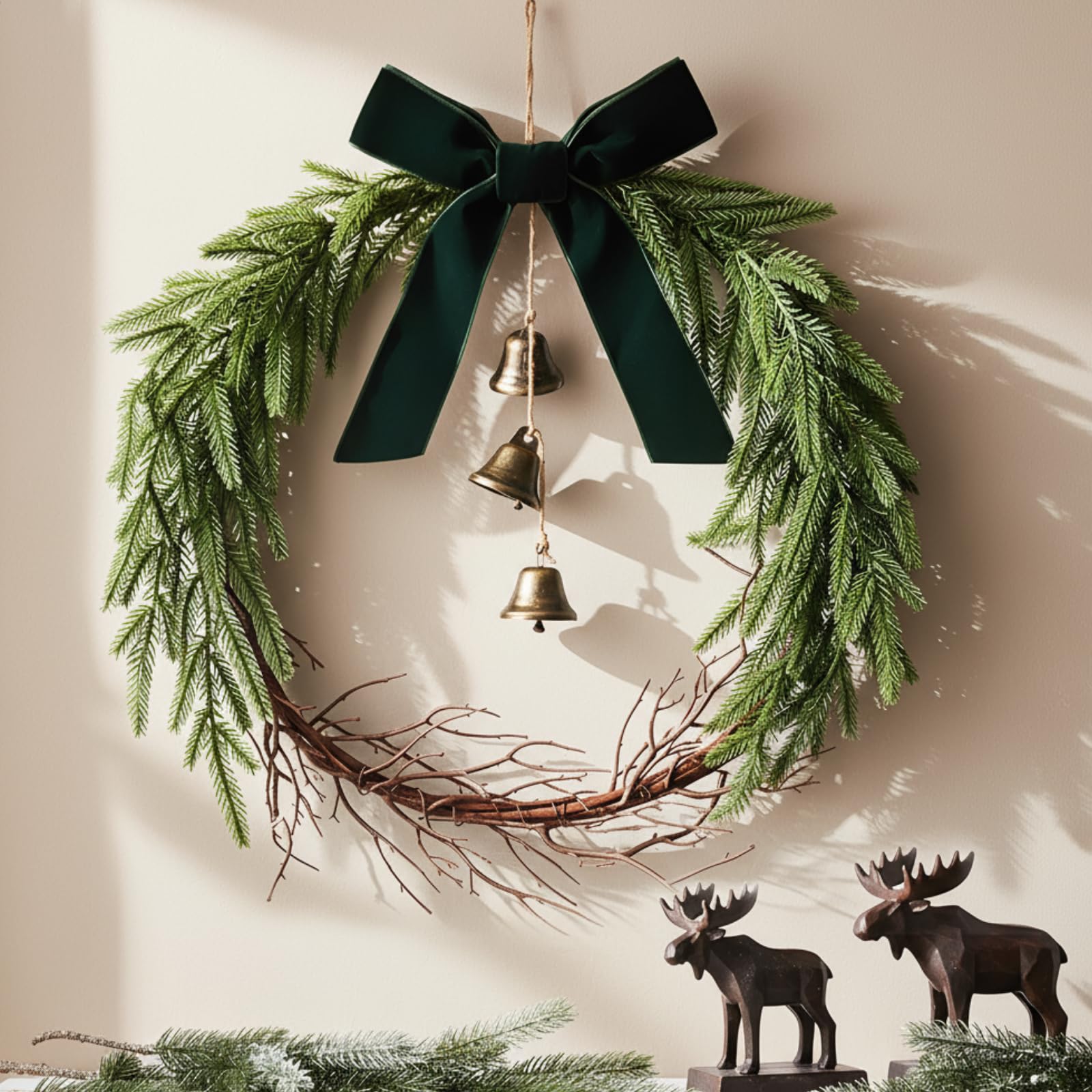 Photo 1 of 12 Inch Christmas Norfolk Pine Wreath with Velvet Ribbon Twig and Hanging Bells Christmas Wreath for Front Door Farmhouse Rustic Window Table Wall Mantel Holiday Xmas Decorations(Green,Norfolk Pine)