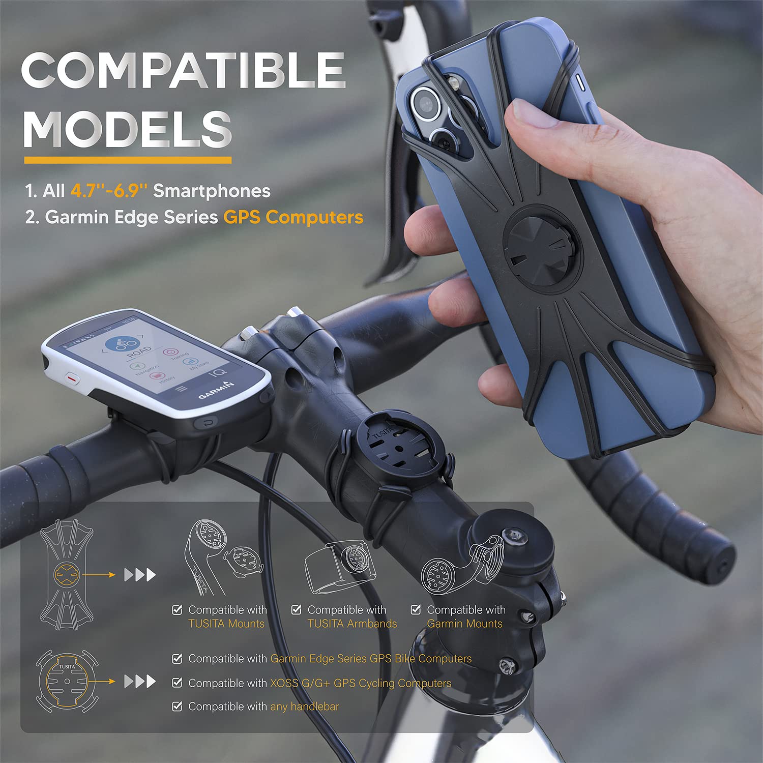 TUSITA 2 in 1 Bike Mount Quick Release, Quarter Turn Compatible with Garmin Edge GPS Computer, iPhone 14 13 12 Pro Max, Samsung Galaxy Note 20 S21 Ultra All 4.7