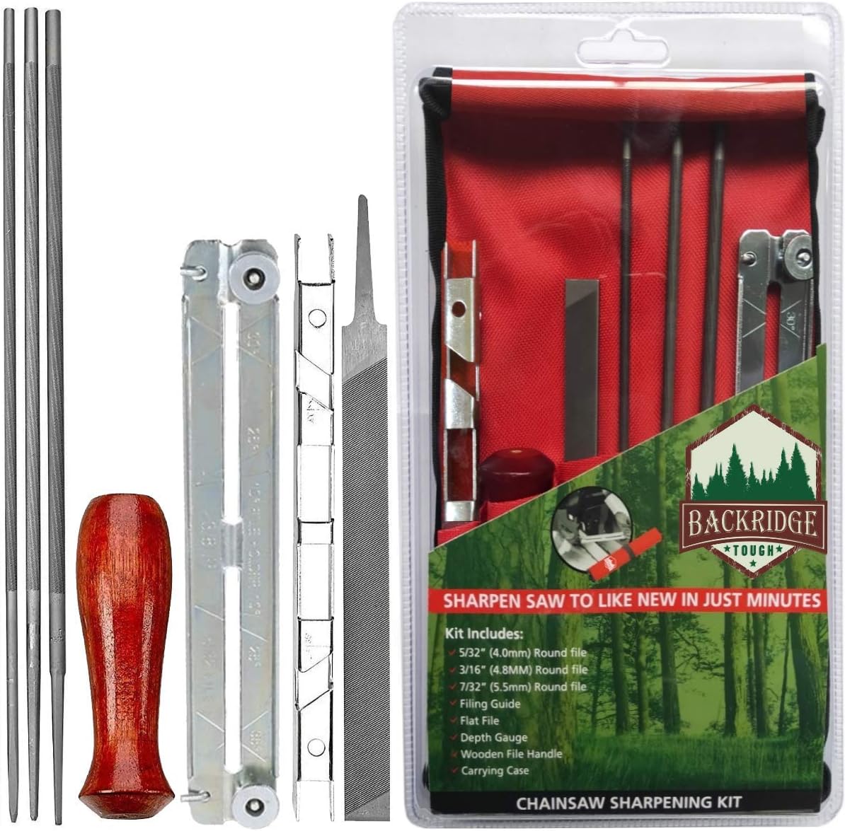 Chainsaw Sharpener File Kit – Flat, 5/32, 3/16, 7/32 Inch Round Files, Raker Tooth Depth Gauge, Blade Filing Guide, Wood Handle & Tool Pouch – Used to Sharpen Chain Saw Teeth - 8 Piece Sharpening Set : Home Audio & Theater