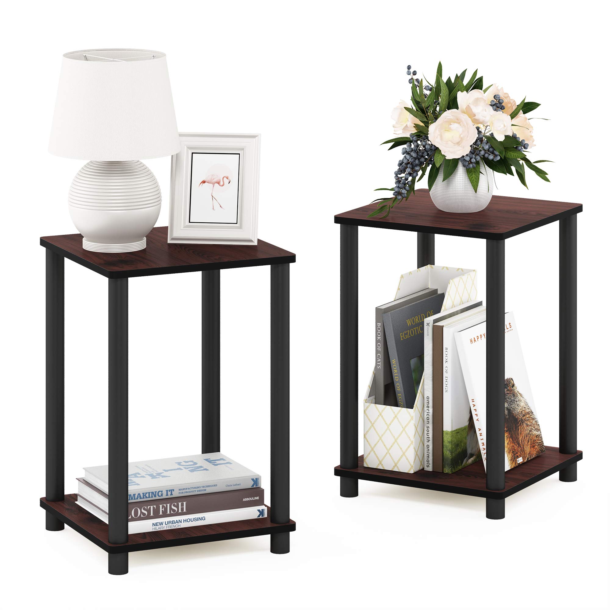 Furinno TURN-N-TUBE Side Table Set of 2, 2-Tier Stackable End Table with Open Shelf, Toolless Night Stand, Bedside Table, for Living Room, Bedroom, Dark Cherry