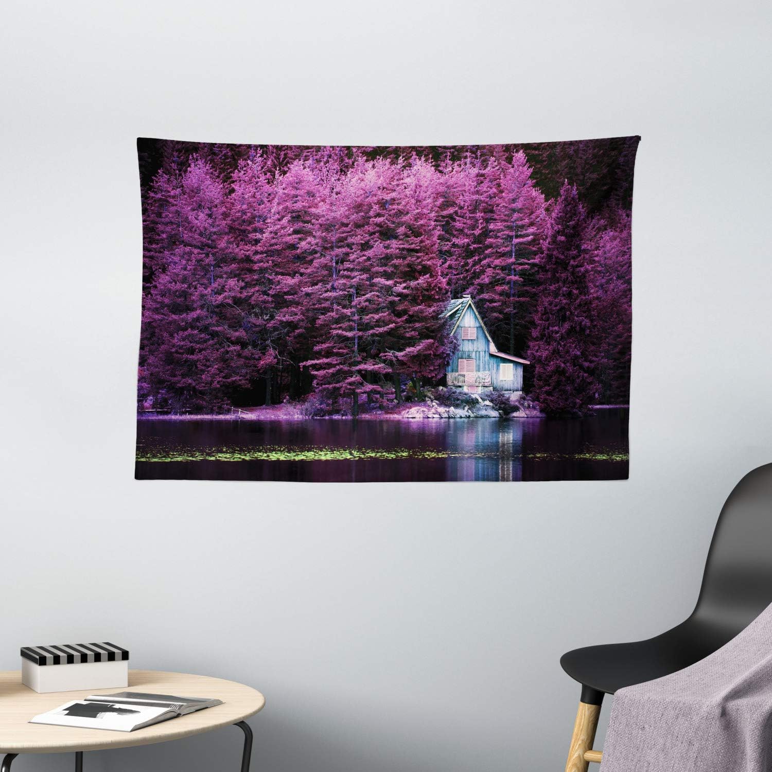 Amazon Com Ambesonne Lavender Wall Hanging Tapestry Purple Trees By The Lake With Blue Wooden Rustic Lakehouse Lodge Romantic Spring Nature Bedroom Living Room Dorm Decor 60wx40l Inches Purple Home Kitchen