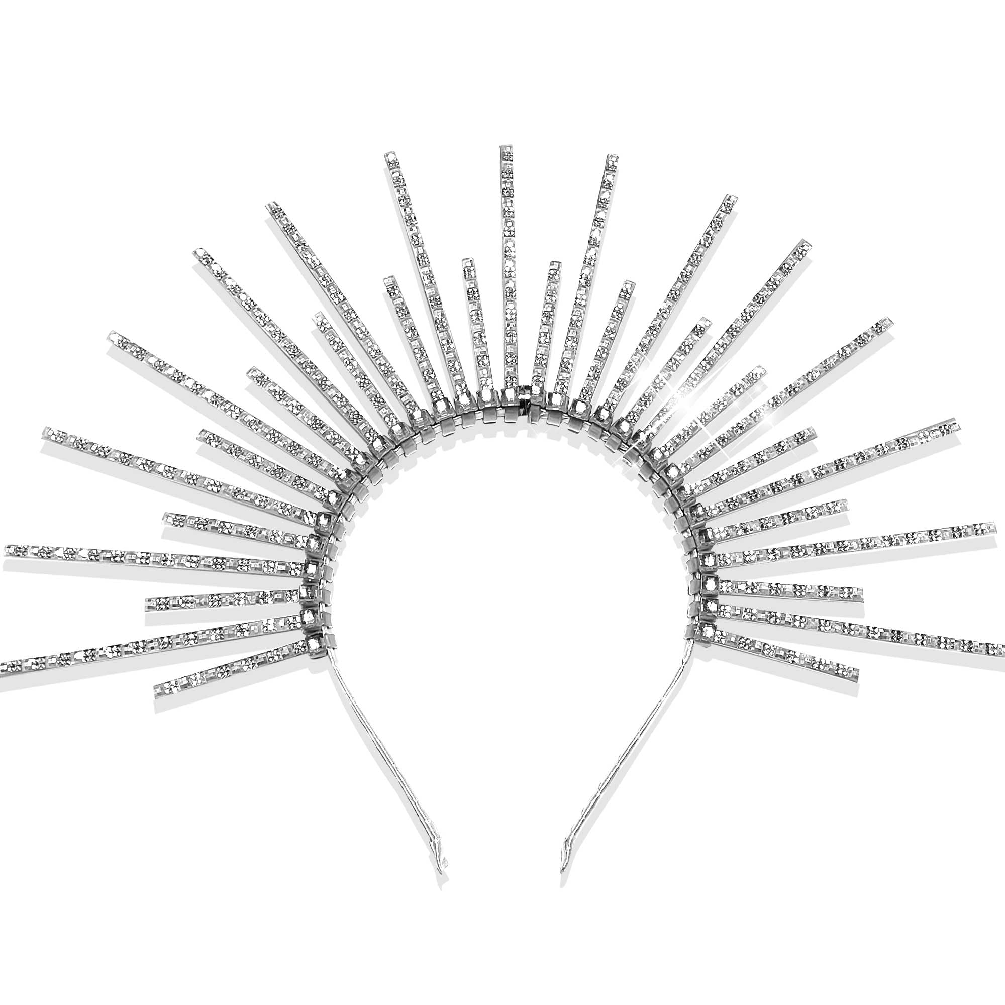 JeVenis 2025 Happy New Year Silver Halo Crown Rhinestone Headband Sun Goddess Tiara Sunburst Cosplay Wedding Festival Headpiece Party Accessory