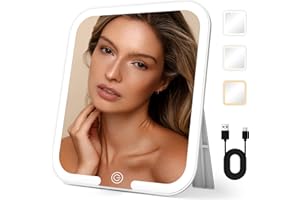 JADAZROR Travel Makeup Mirror with Light, Large Lighted Makeup Mirror 9.2x8inch Tabletop Vanity Mirror with Lights, Rechargeable Desktop LED Cosmetic Mirror with 360° Rotatable Stand, 3 Color Dimmable Lighting