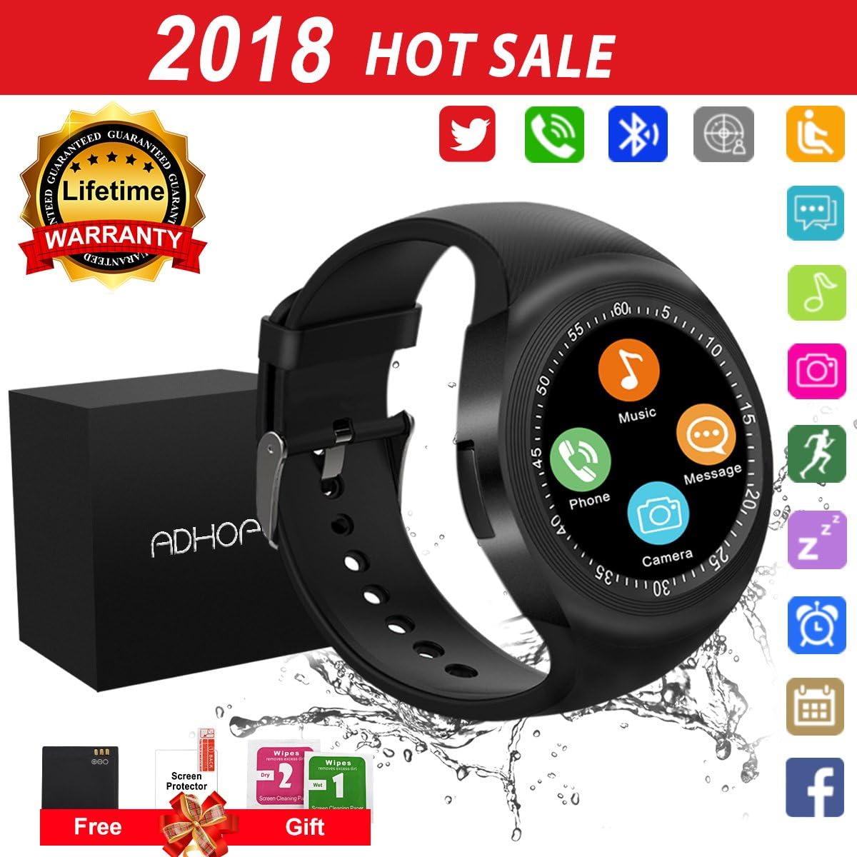 Bluetooth Smart Watch Touchscreen with Camera,Unlocked Watch Cell Phone with Sim Card Slot,Smart Wrist Watch,Waterproof Smartwatch Phone for Android Samsung IOS Iphone 7 6S Men Women Kids (Black 2)