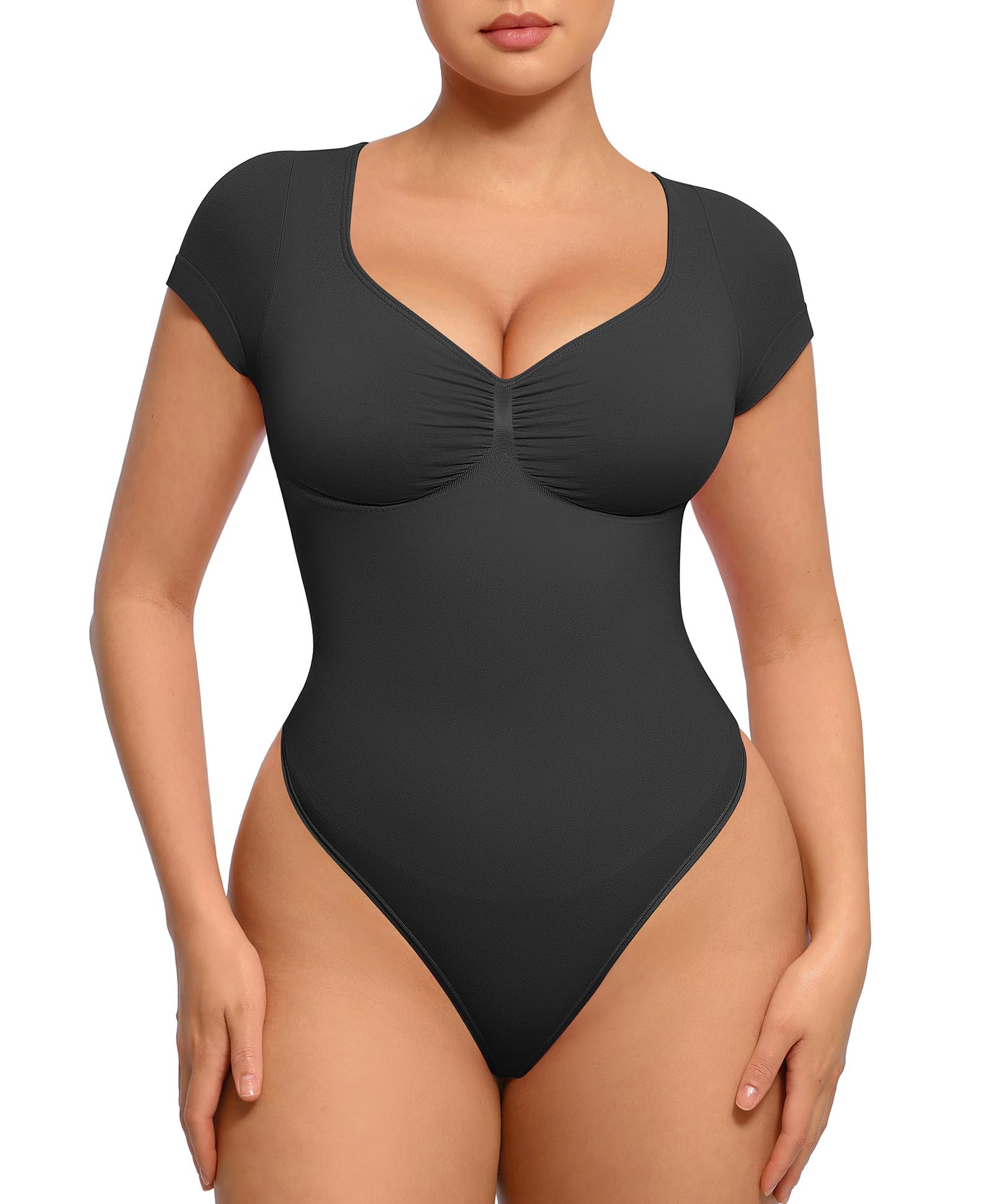 Photo 1 of FeelinGirl V Neck Bodysuit for Women Short Sleeve Tops for Workout And Going Out Tummy Control Thong Design Body Shaper for Everyday Outfits Black S