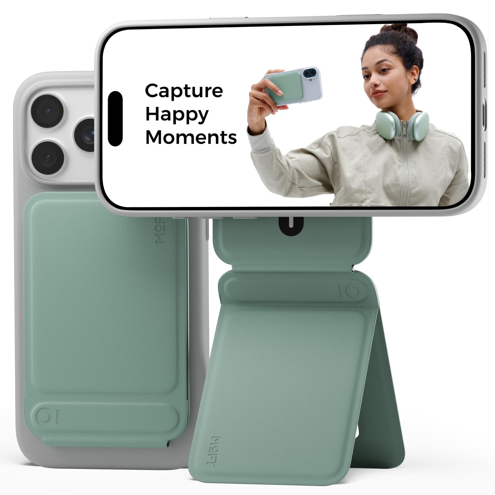 MOFT Phone Tripod Stand Selfie Stick for iPhone, Multi-Angles iPhone Stand, Lightweight & Portable Phone Holder, Strong Magnets, MOVAS Vegan Leather, Travel Essentials, Seafoam (Without Card Slot) — image 1