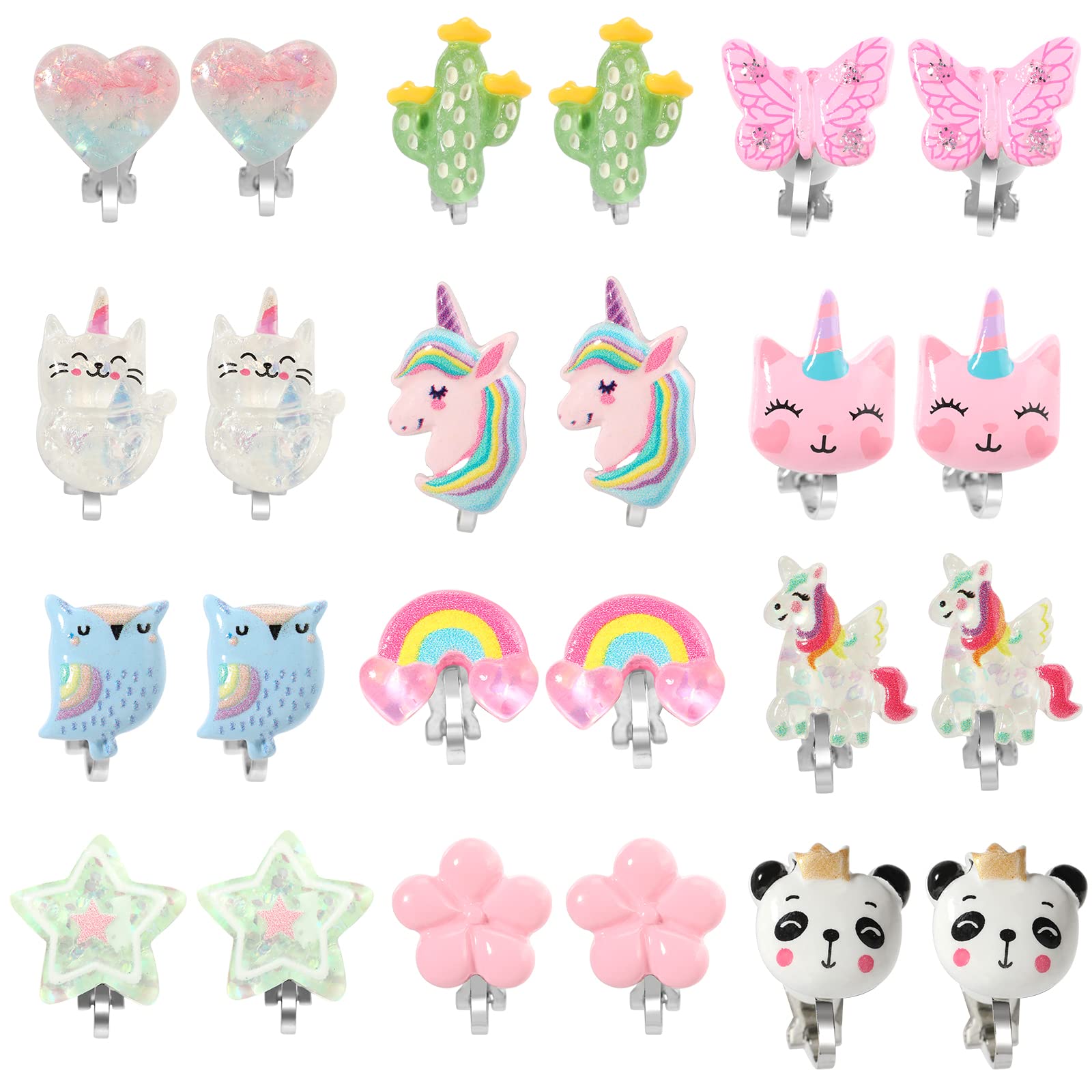 PinkSheep Clip On Earrings for Girls - 12 Pairs Unicorn, Ladybug, Rainbow & Princess Designs for Over 16 Years Old Girl Gift