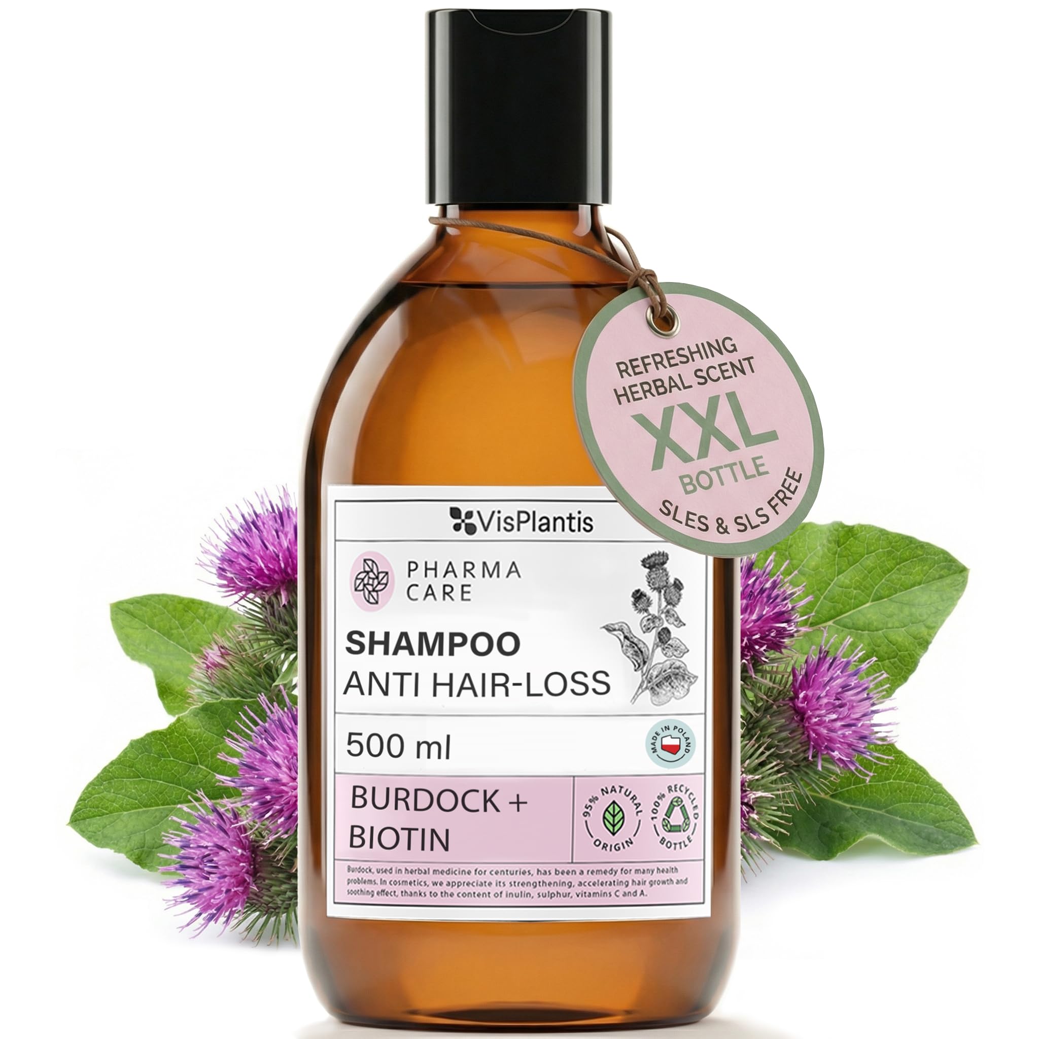 Vis Plantis Hair Growth Shampoo with Biotin and Greater Burdock - 500ml Natural Anti Hair Loss Shampoo Sulphate and Paraben Free for Women and Men - Smooth, Strength & Soothe Itchy Scalp