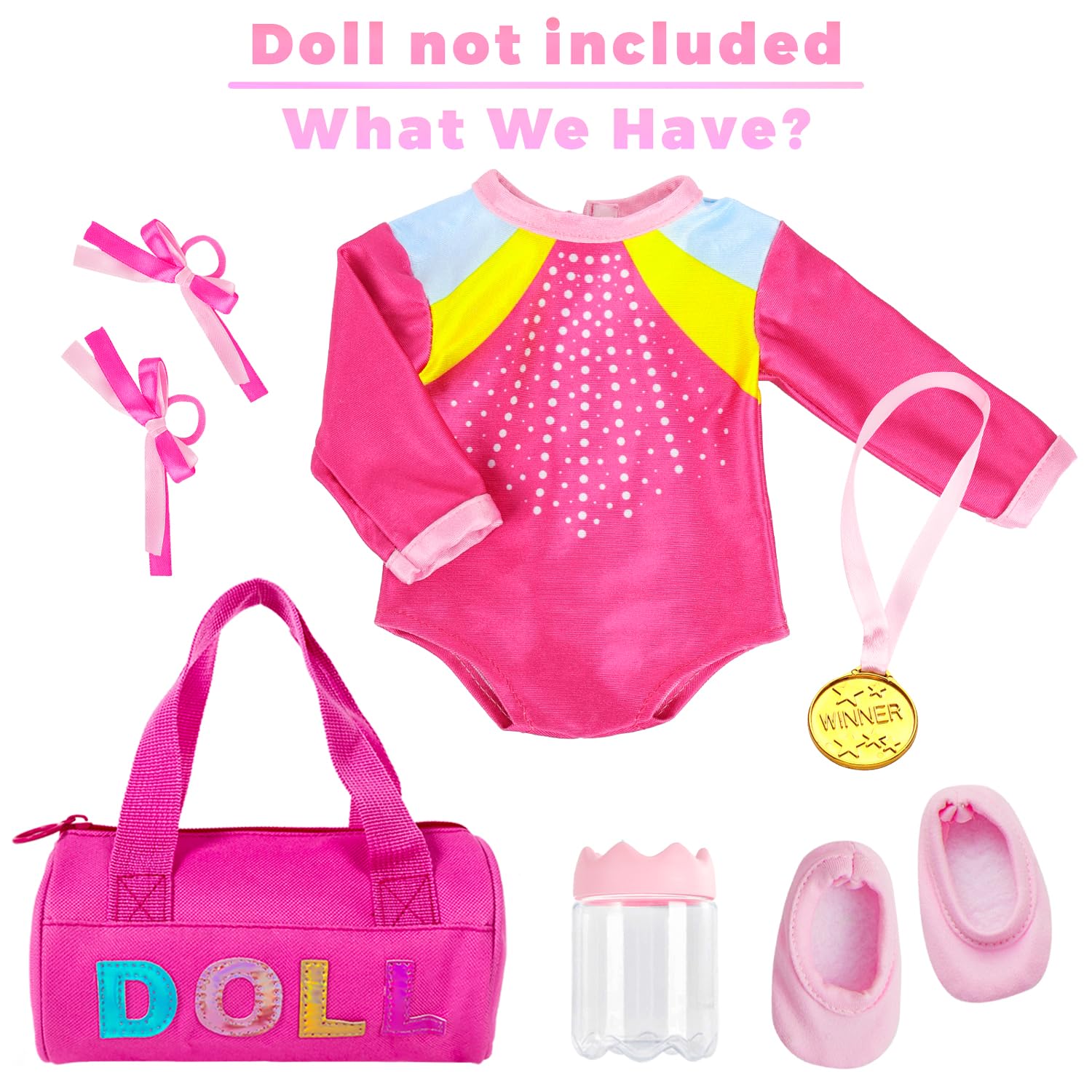 K.T. Fancy 18 Inch Doll Gymnastics Clothes Set - Pink Leotard, Shoes, Gym Bag, Olympic Medal, Water Bottle & Hair Accessories for Play（Doll Not Included）