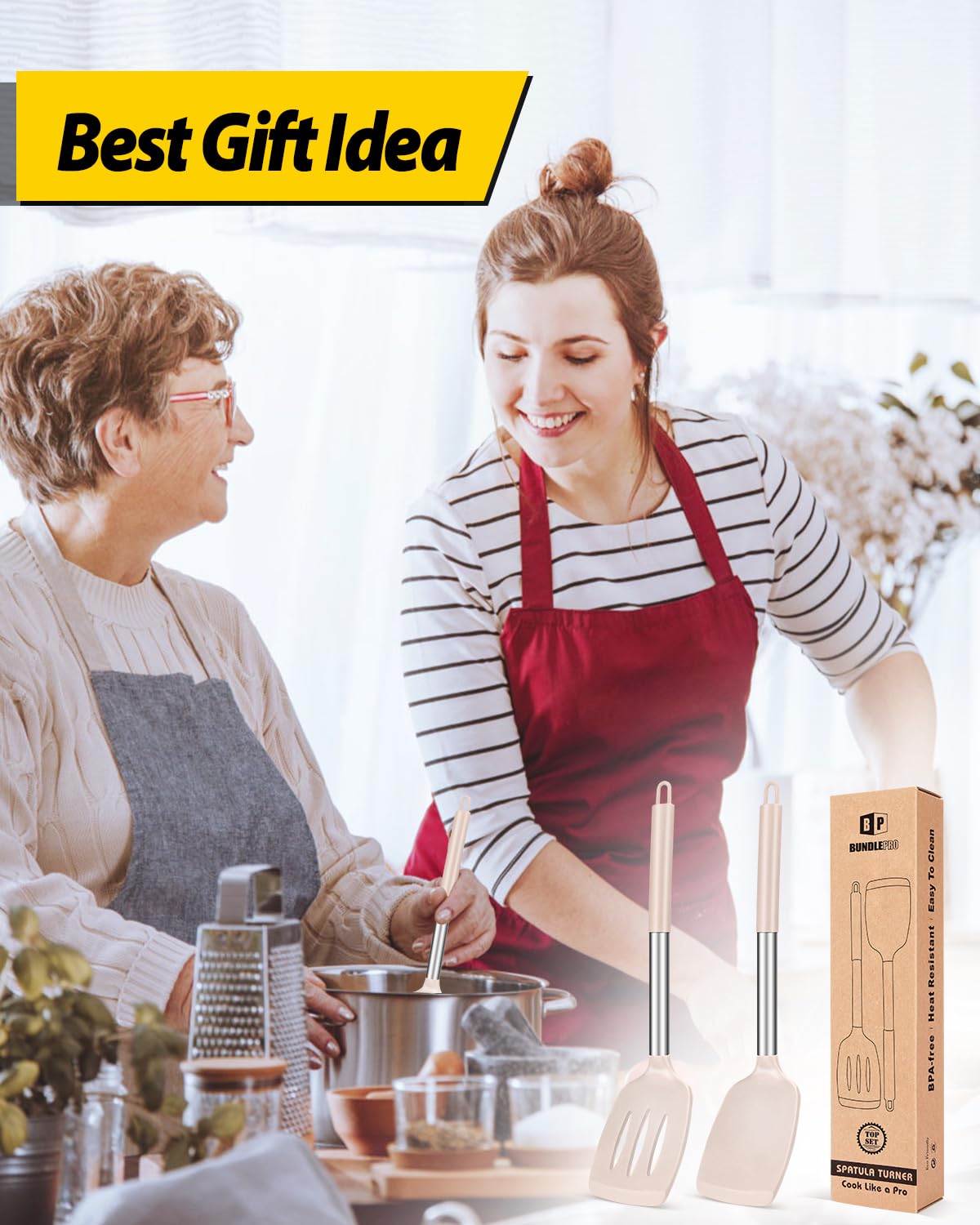 Pack of 2 Silicone Solid Turner, Non Stick Slotted Kitchen Spatulas, High Heat Resistant BPA Free Cooking Utensils, Ideal Cookware for Fish, Eggs, Pancakes(Stainless Steel Khaki)