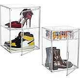 XXX-Large Clear Acrylic Display Case Boot Shoe Storage Boxes With An Adjustable Divider,2 Pack 2 Tiers Clear Plastic Stackable Storage Bins With Lids Big Display Acrylic Box With Magnetic Door