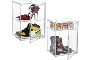 ATTELITE XXX-Large Clear Acrylic Display Case Boot Shoe Storage Boxes With An Adjustable Divider,2 Pack 2 Tiers Clear Plastic Stackable Storage Bins With Lids Big Display Acrylic Box With Magnetic Door