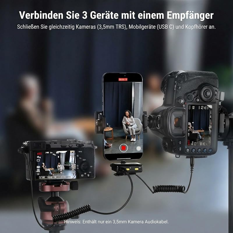 CM28 Drahtloses Lavalier Mikrofon, intelligentes Lav Mic mit Geräuschunterdrückung, 48 kHz/16 Bit, 200m Reichweite, 4GB, für iPhone Android Kamera, 1 Empfänger + 2 Sender + Ladecase