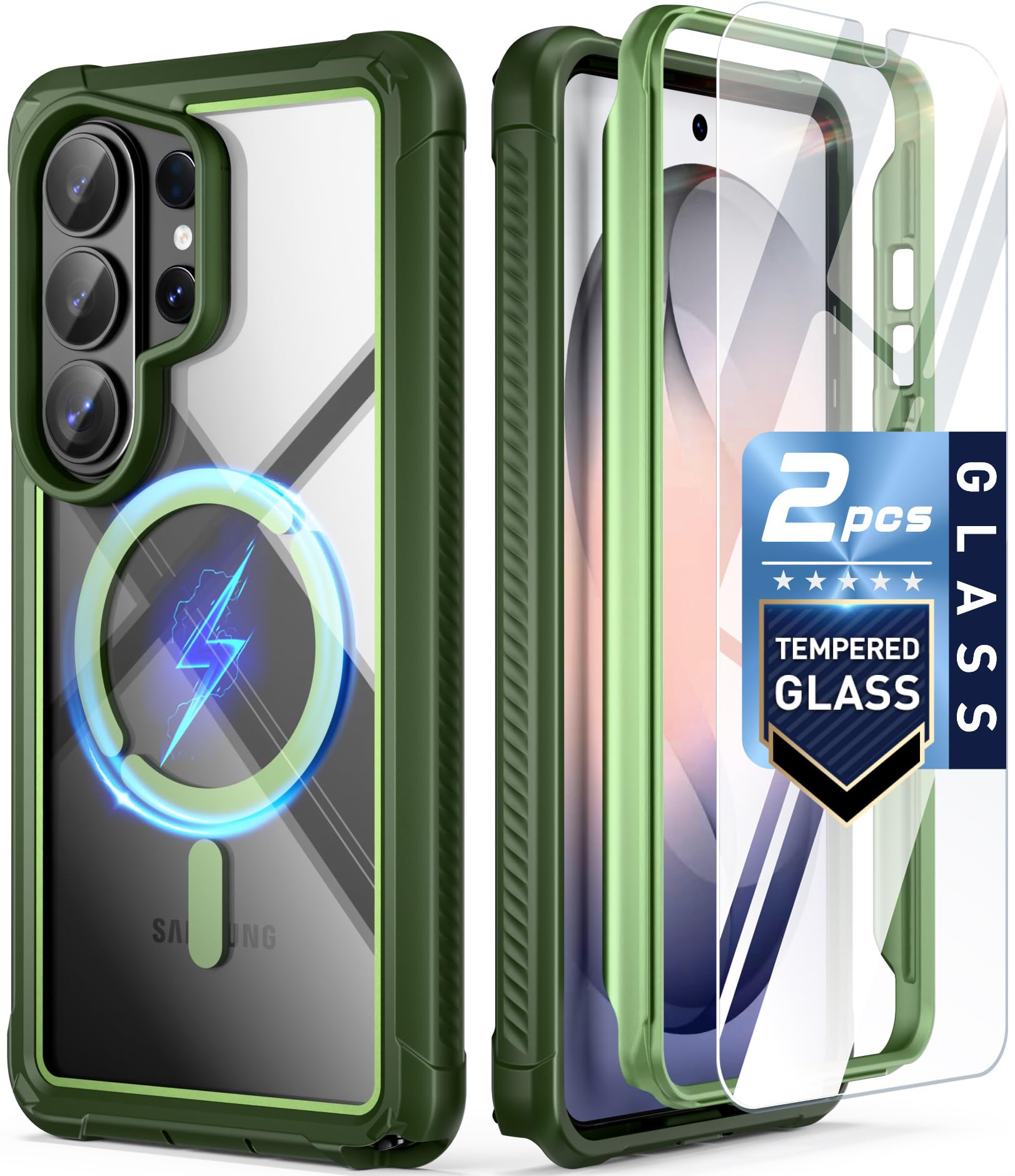 Poetic Guardian MagPro Case for Galaxy S26 Ultra 6.9", MagSafe Compatible | 20FT Mil-Grade Drop Tested | 2 Tempered Glass Screen Protector, Full Body Shockproof Phone Case for S26 Ultra, Green/Clear