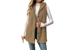 Women Sleeveless Sherpa Jacket Long Button Down Fleece Lined Hooded Jackets Soft Comfy Fuzzy Sweater Vests Outerwear