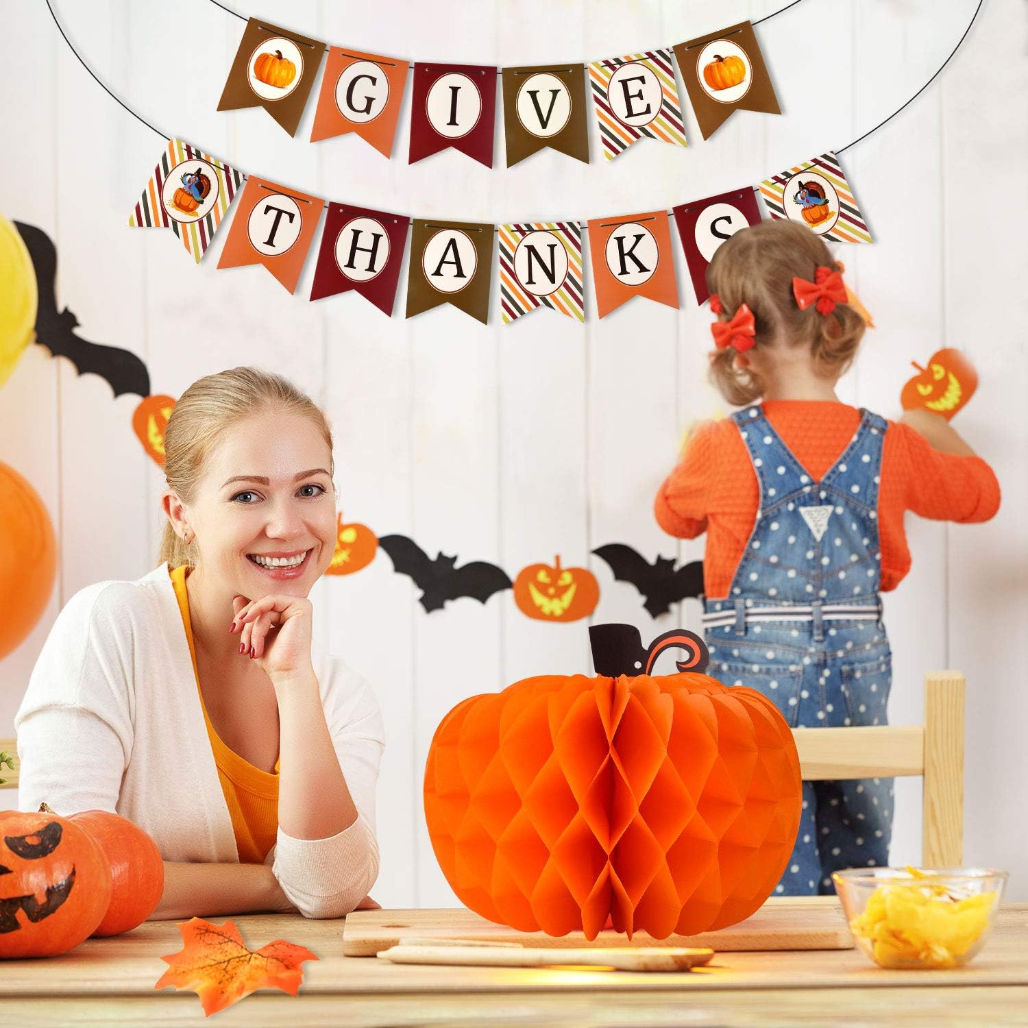 FEPITO Give Thanks Banner with Paper Colorful Turkey Pumpkin Artificial Maple Leaves Decoration Kit Total 203 PCS for Autumn Fall Party Thanksgiving Day Party Supplies Decorations - Image 3
