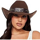 Womens Western-Cowboy-Hats Classic Felt-Hats - Rodeo Wide-Brim-Cowgirl Jazz-Hat with Buckle Belt(Lagre)