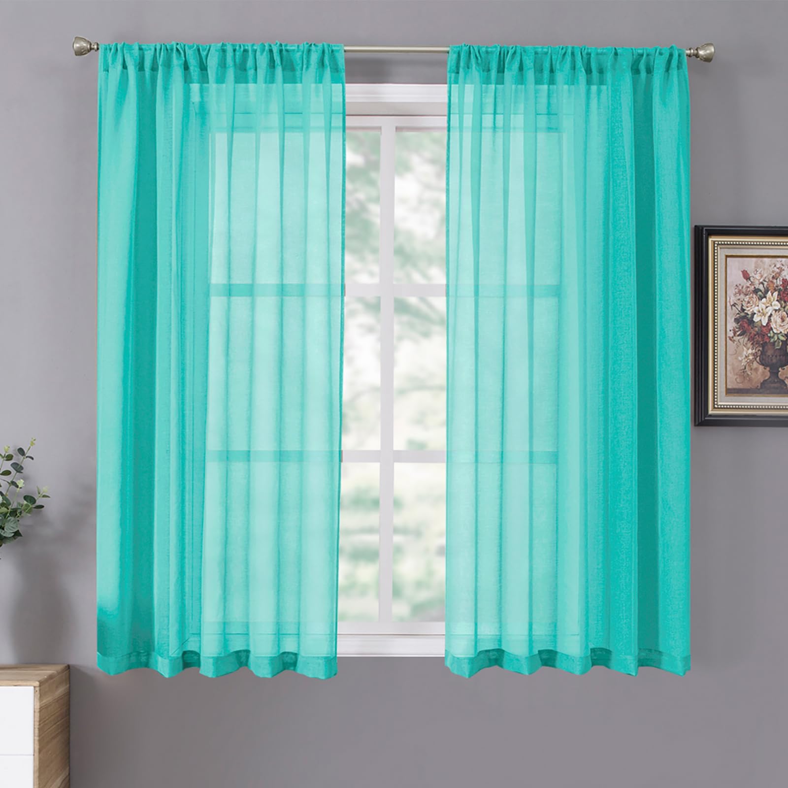 Tollpiz Sheer Curtains Linen Textured Living Room Curtain Sheers Light Filtering Rod Pocket Voile Curtains for Bedroom, 42 x 63 inches Long, Aqua Blue, Set of 2 Panels