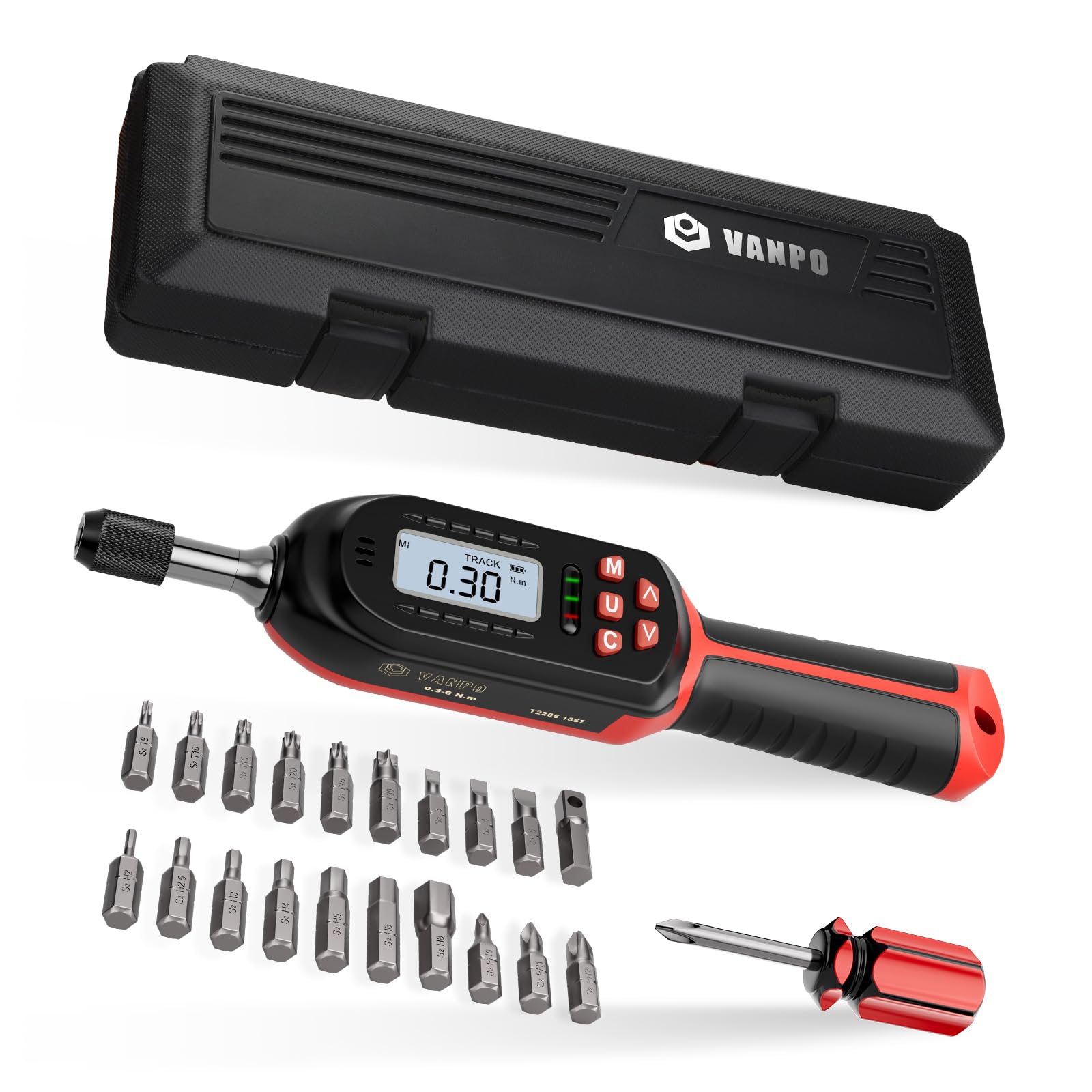 VANPO Digital Torque Screwdriver 1/4 inch, 0.3-6 Nm Torque Screwdriver Adjustable, Screwdriver Torque Wrench Set with LED Display / Buzzer for Bicycle Repairs, Model Making