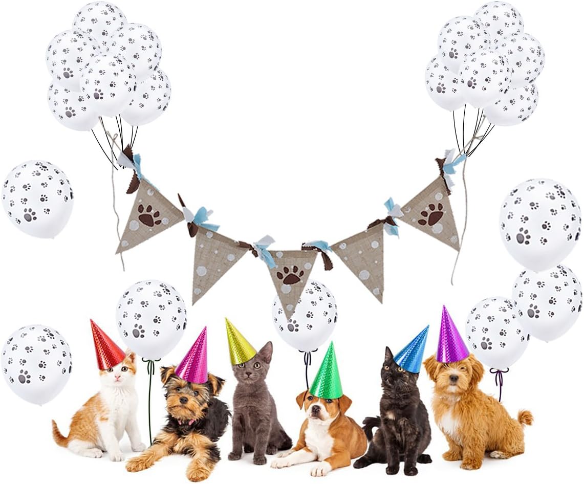 FunPa Dog Birthday Decoration, Burlap Banner Triangle Flags with 24Pcs Paw Prints Latex Balloon for Animal Party Decorations (blue)
