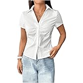 SweatyRocks Women's Ruched Button Up Blouses Collar V Neck Short Sleeve Work Shirts