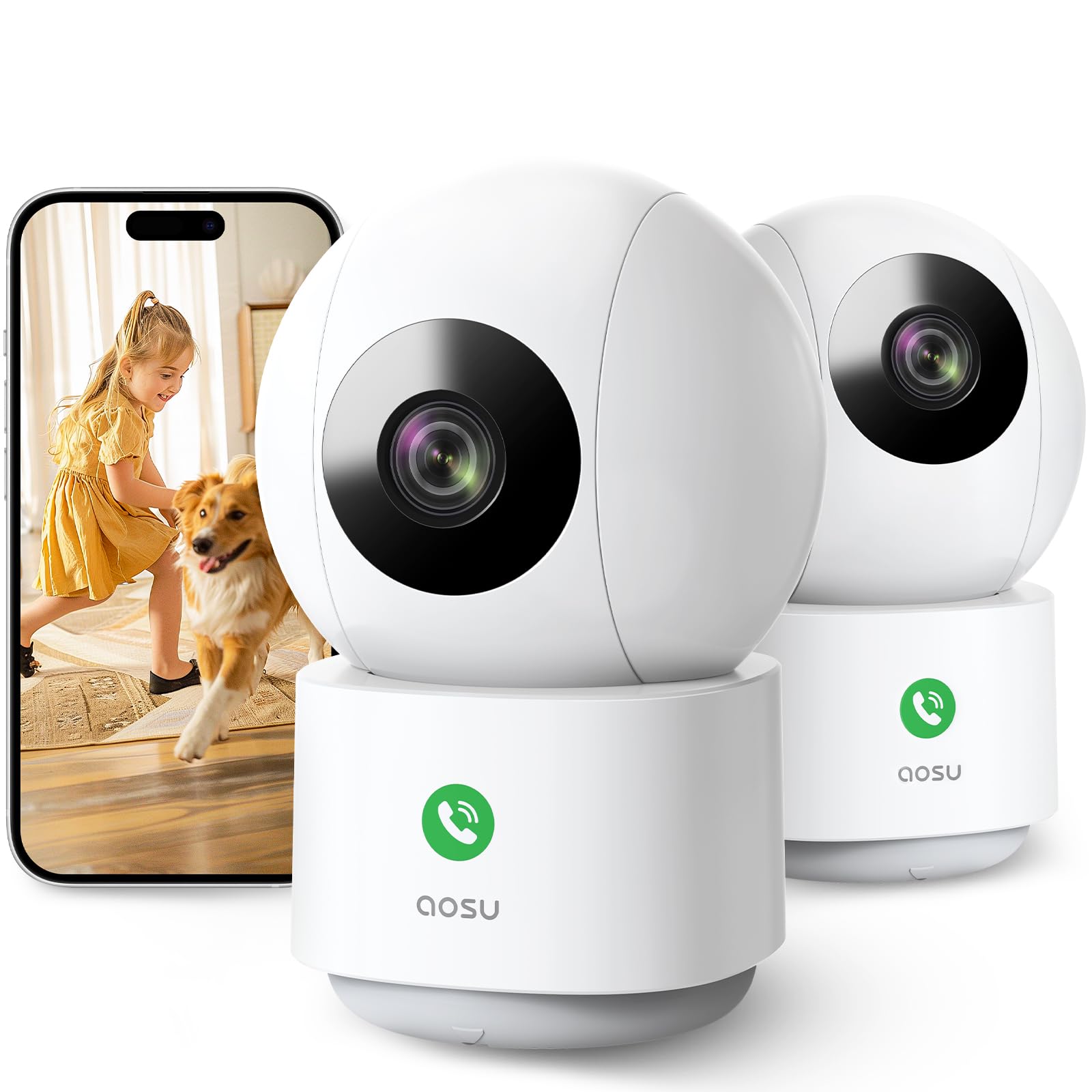 aosu 2K Indoor Cameras 2-Pack – Plug-In WiFi Nanny Cam for Baby & Pets, Motion, Night Vision, Two-Way Audio