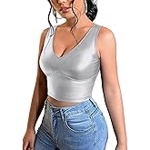 Floerns Women's PU Leather V Neck Solid Sleeveless Camisole Crop Tank Top