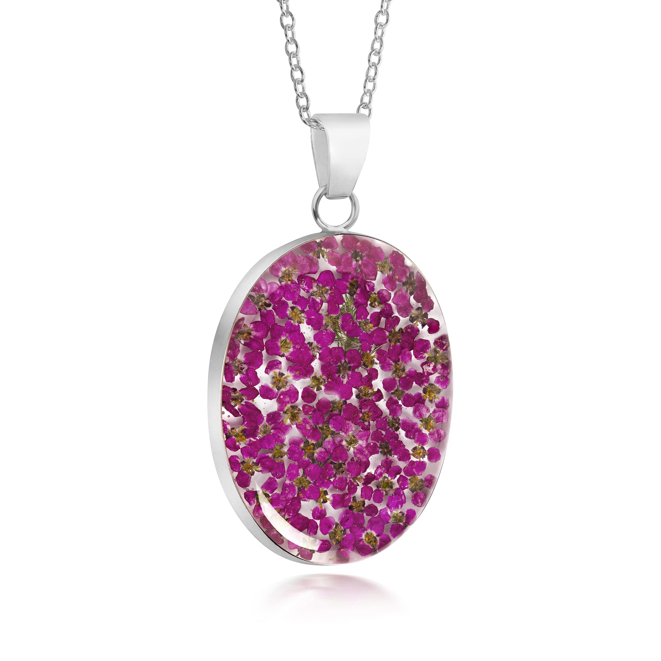 Natural Flower Jewellery Sterling Silver Large Oval Pendant Made with Real Wild Pink Flowers …
