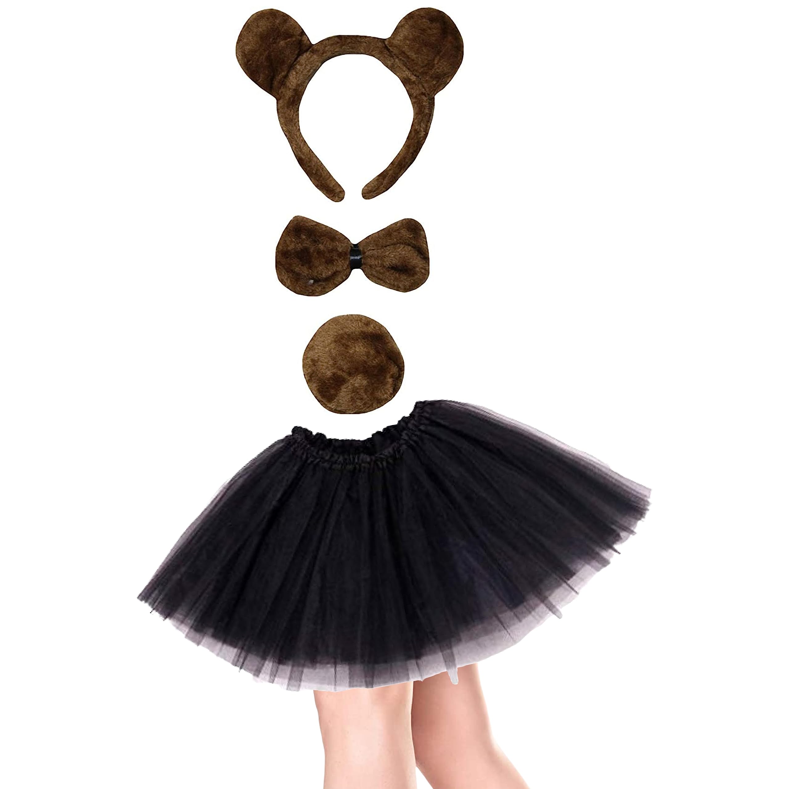 Lizzy Girls Animal Ear Set Tutu Costume School Book day week Nativity Angel Fairy Wings Halloween Fancy Dress Party Outfit Skirt Accessories Kit (Brown Bear Set Tutu Costume)