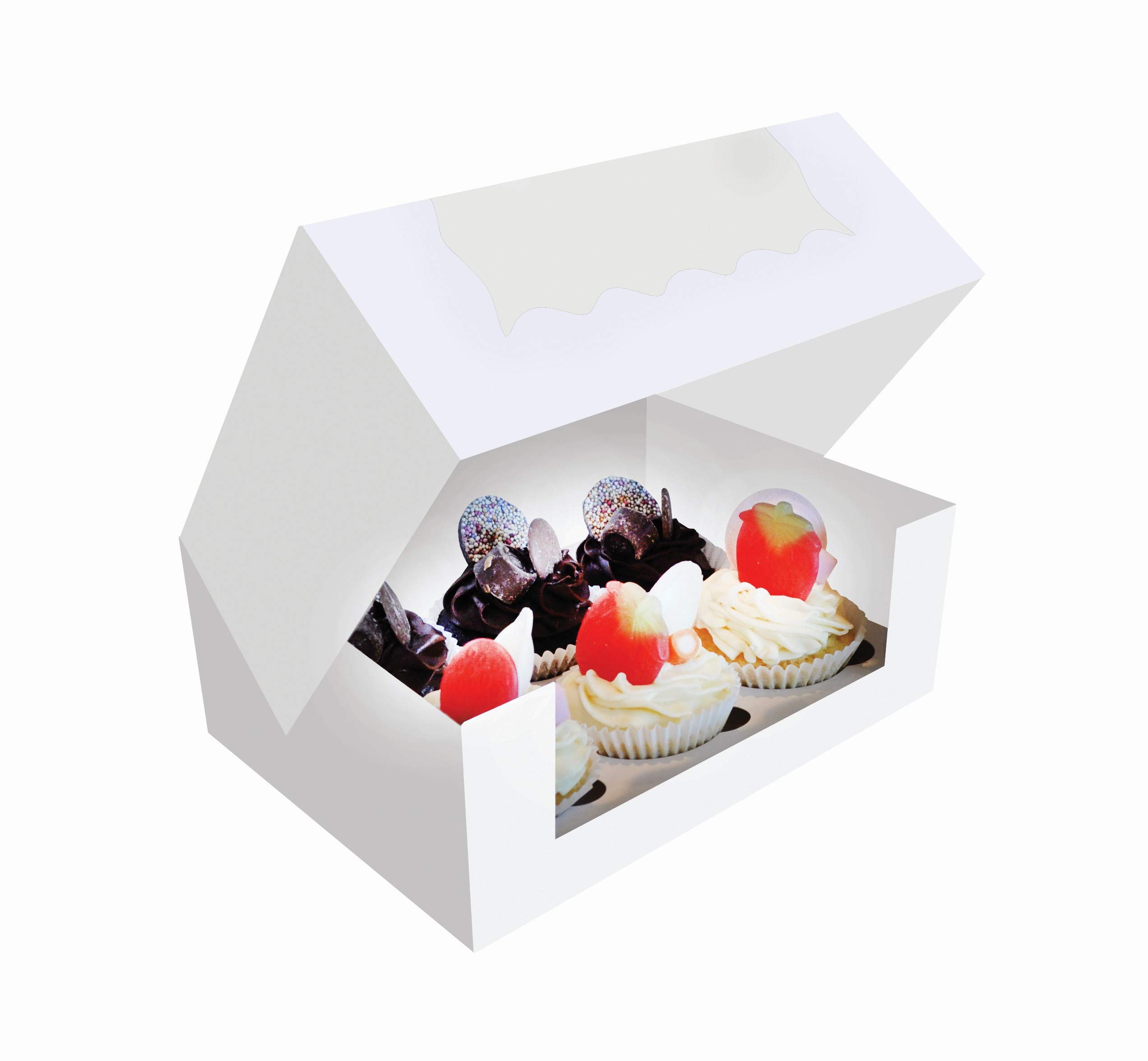 Komonee 20 x Cupcake Boxes White Holds 6 Single Fairy Cake With Clear Window Cardboard Packaging Box Baking Kids Muffins Cookies Weddings
