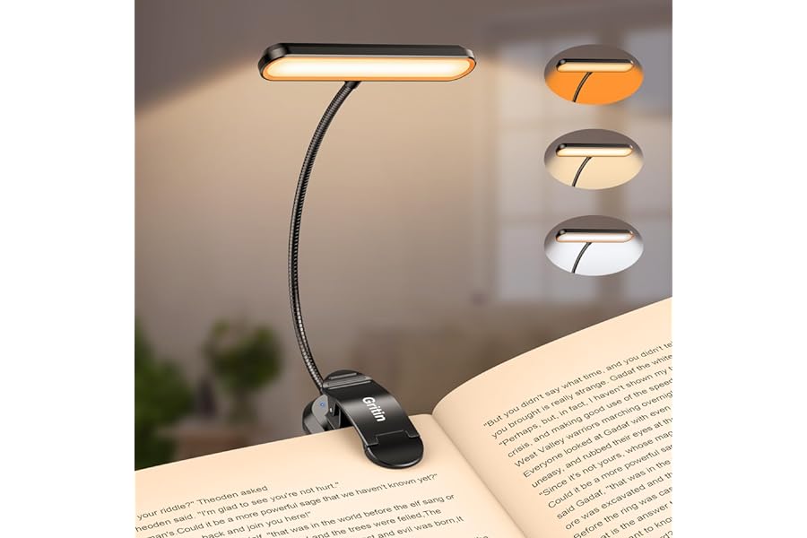 Gritin Rechargeable Book Light for Reading in Bed with 19 LED | Eye Caring 3 Color Temps,5 Brightness Levels,Memory Function,90 Hrs Runtime Flexible Goose Neck Clip on Light for Book Lovers