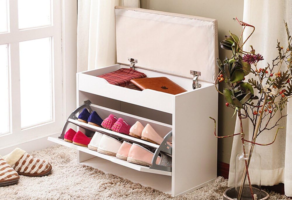 WEIJU FMHH-FXT 60CM 2 Tier Storage Shoe Cabinet, Narrow Shoe Bench with Cushion and Seat, Large Wooden Prime Shoes Rack for Living Room,Hallway,Entrance,ect(60CM)