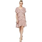 S.L. Fashions Womens Tiered Boudre Cocktail Dress with Embellished Neckline, Wedding Guest Gown (Petite and Regular Sizes)