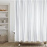 HALL &amp; PERRY Modern Transitional Chambray Blue Striped Shower Curtain with Tassels - Vertical White and Chambray Blue Striped 100% Cotton, 72" x 72"